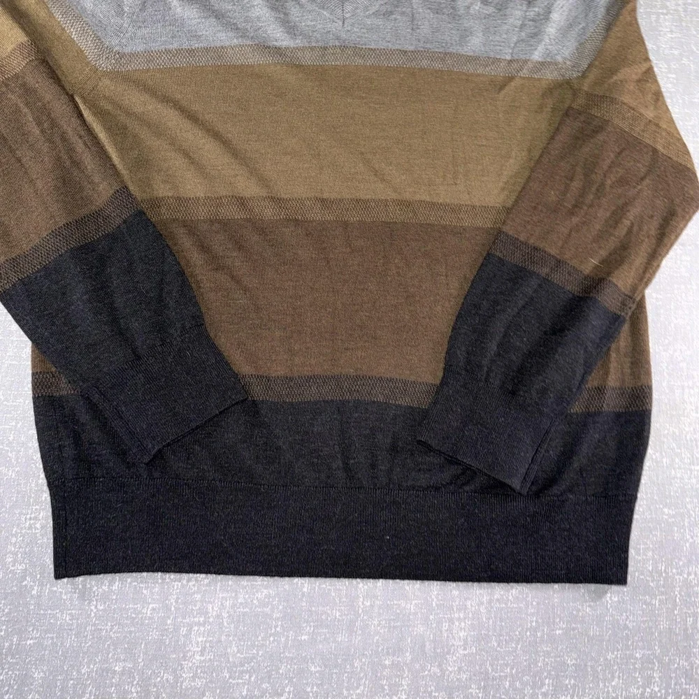 Banana Republic Sweater Mens XL Gray Brown Striped Merino Wool V Neck Knit